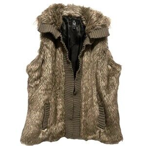 Miss Ashley By 26 realistic Faux Fur Open Vest Lined Sweater Accents pockets XL